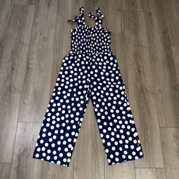 J.Crew Crewcuts Smocked Jumpsuit Girls 10 Navy White Polk Linen Blend One Piece - Picture 3 of 10